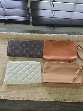 Zip Wallet with Tan Monogram. Camel and White Wristlet Set Of 4
